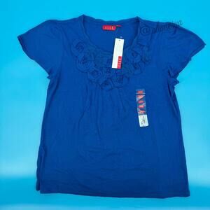 ELLE Floral Embellished Tee Y2K Vintage Nautical Blue Pima Cotton Size L NWT